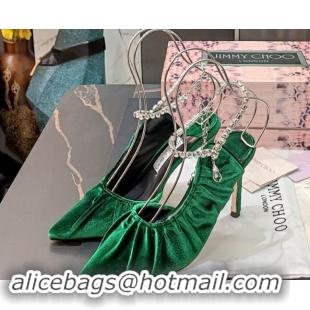 Shop Duplicate Jimmy Choo Sadia Pumps 10cm in Ruched Flannel Fabric with Crystal Anklet Green 0327044