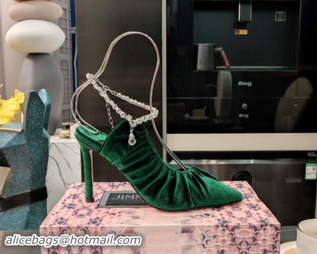 Shop Duplicate Jimmy Choo Sadia Pumps 10cm in Ruched Flannel Fabric with Crystal Anklet Green 0327044