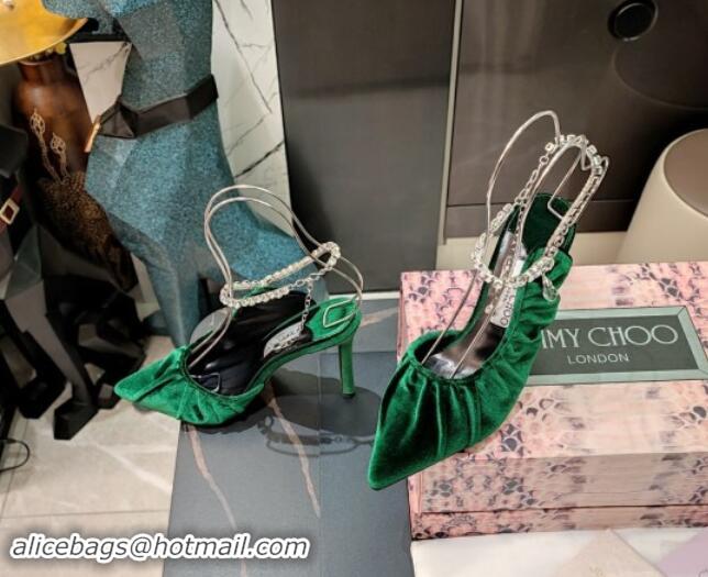 Shop Duplicate Jimmy Choo Sadia Pumps 10cm in Ruched Flannel Fabric with Crystal Anklet Green 0327044