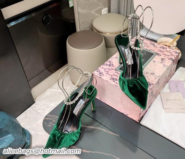 Shop Duplicate Jimmy Choo Sadia Pumps 10cm in Ruched Flannel Fabric with Crystal Anklet Green 0327044