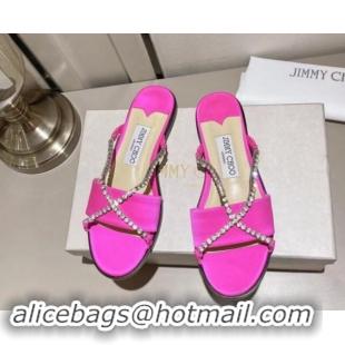 Good Quality Jimmy Choo Satin Flat Slide Sandals with Crystals Strap Pink 327049