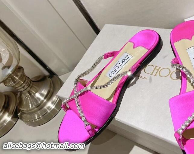 Good Quality Jimmy Choo Satin Flat Slide Sandals with Crystals Strap Pink 327049