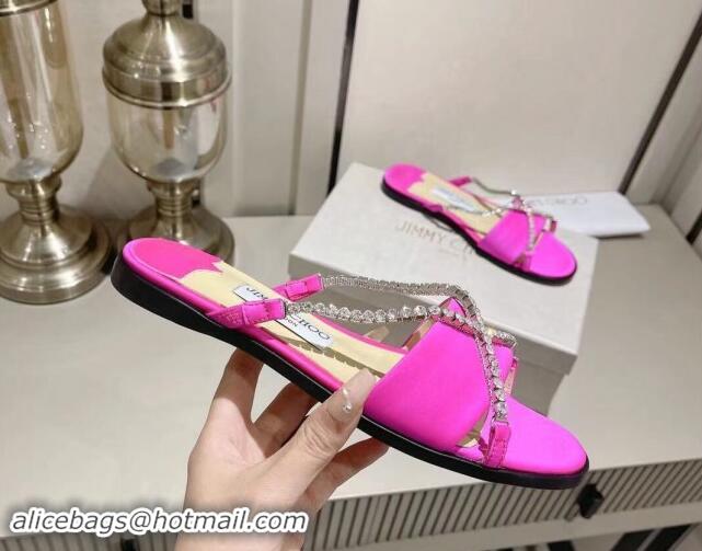 Good Quality Jimmy Choo Satin Flat Slide Sandals with Crystals Strap Pink 327049