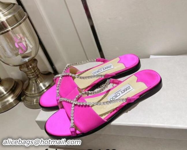 Good Quality Jimmy Choo Satin Flat Slide Sandals with Crystals Strap Pink 327049