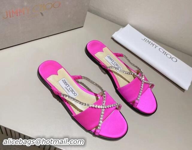 Good Quality Jimmy Choo Satin Flat Slide Sandals with Crystals Strap Pink 327049