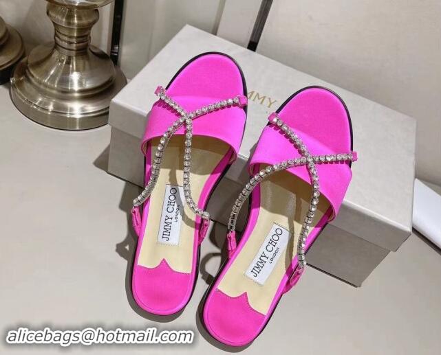 Good Quality Jimmy Choo Satin Flat Slide Sandals with Crystals Strap Pink 327049