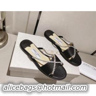 Top Design Jimmy Choo Calfskin Flat Slide Sandals with Crystals Strap Black 327050