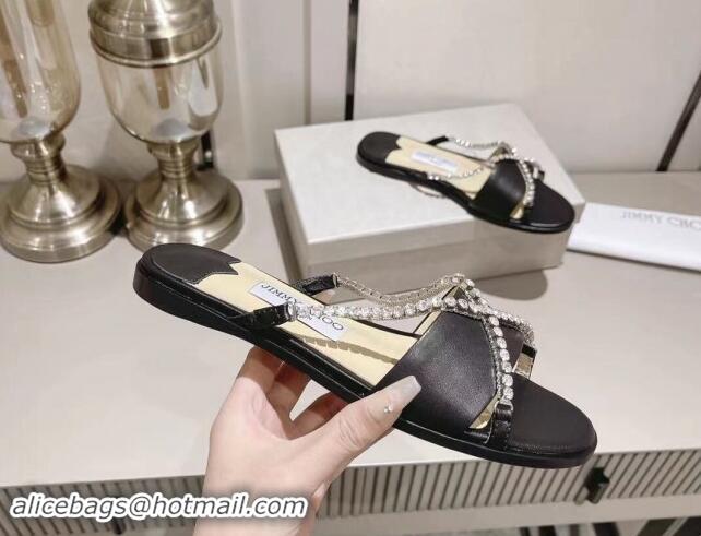 Top Design Jimmy Choo Calfskin Flat Slide Sandals with Crystals Strap Black 327050