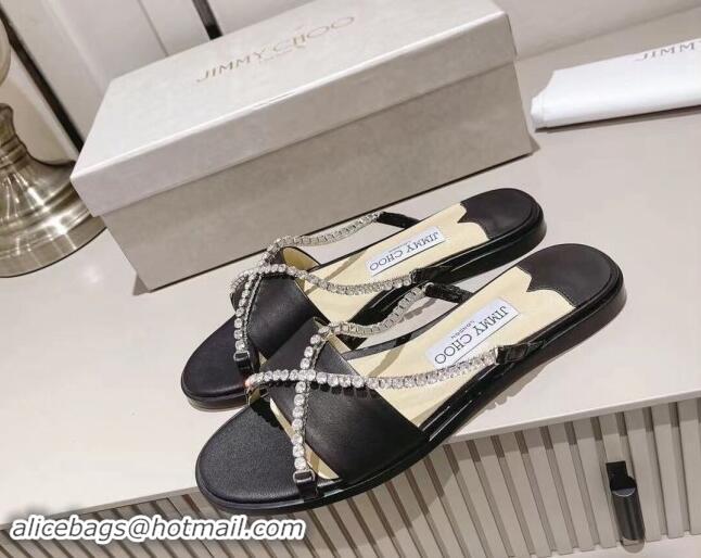 Top Design Jimmy Choo Calfskin Flat Slide Sandals with Crystals Strap Black 327050