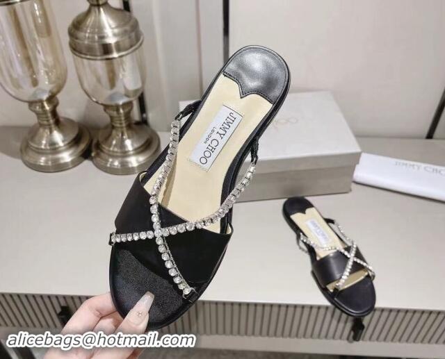 Top Design Jimmy Choo Calfskin Flat Slide Sandals with Crystals Strap Black 327050