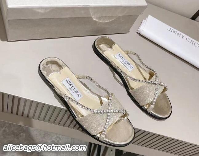 Grade Jimmy Choo Glitter Flat Slide Sandals with Crystals Strap Gold 327051