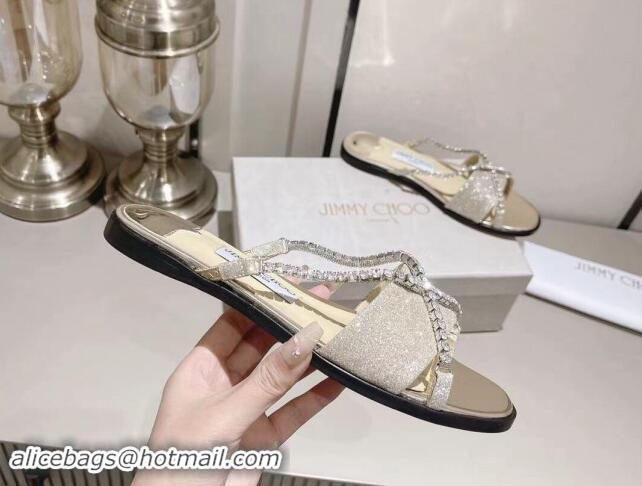 Grade Jimmy Choo Glitter Flat Slide Sandals with Crystals Strap Gold 327051