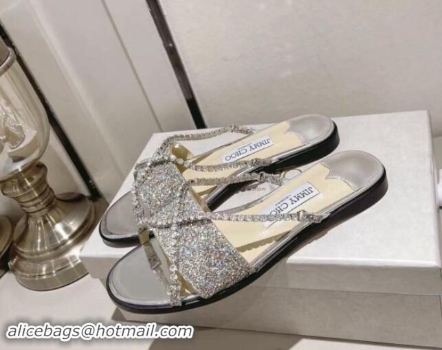 Best Product Jimmy Choo Glitter Flat Slide Sandals with Crystals Strap Silver 327052