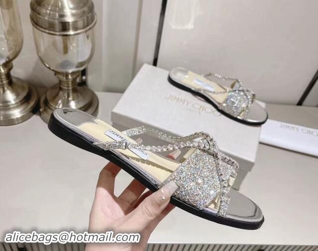 Best Product Jimmy Choo Glitter Flat Slide Sandals with Crystals Strap Silver 327052