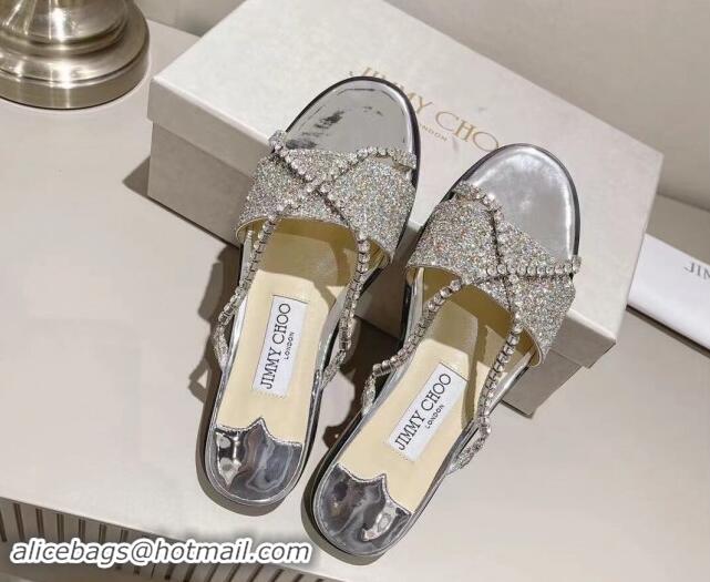 Best Product Jimmy Choo Glitter Flat Slide Sandals with Crystals Strap Silver 327052