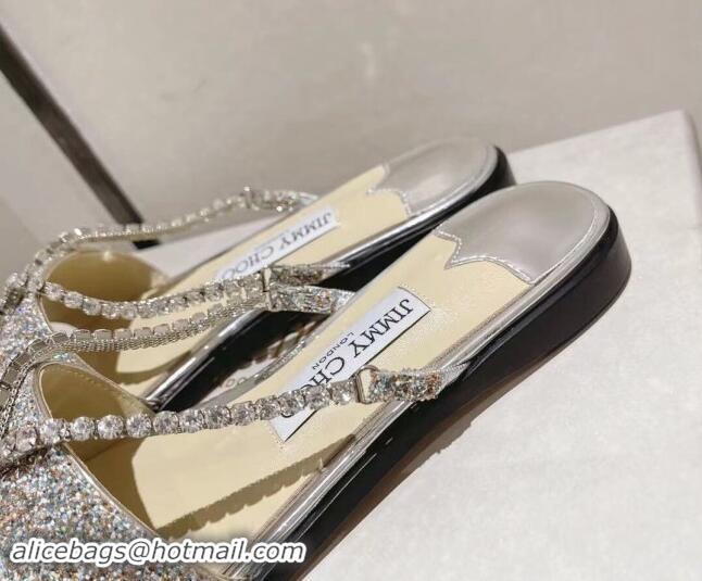 Best Product Jimmy Choo Glitter Flat Slide Sandals with Crystals Strap Silver 327052