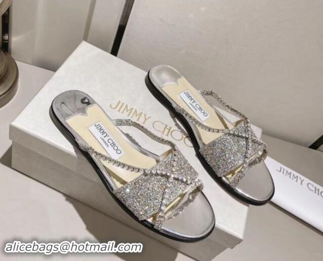 Best Product Jimmy Choo Glitter Flat Slide Sandals with Crystals Strap Silver 327052