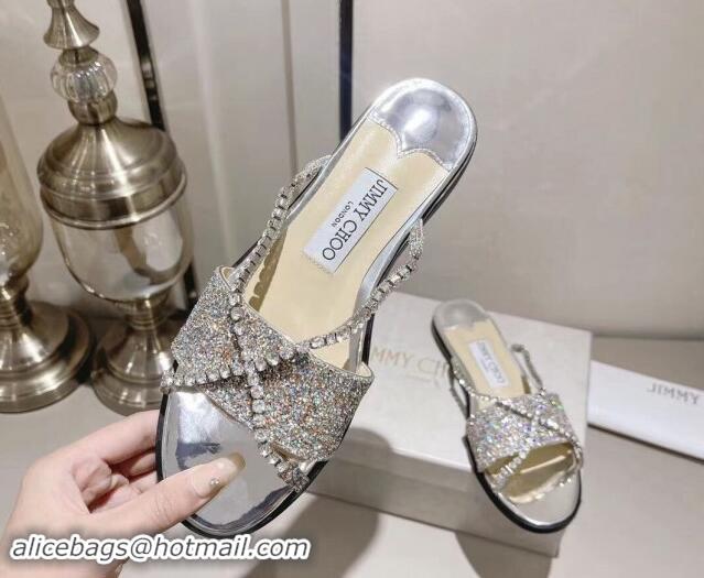 Best Product Jimmy Choo Glitter Flat Slide Sandals with Crystals Strap Silver 327052