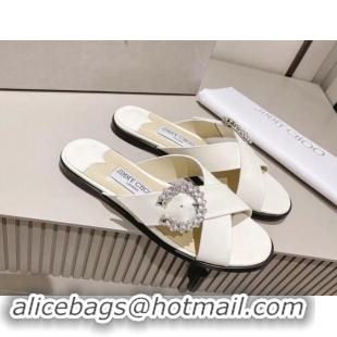 Stylish Jimmy Choo Calfskin Flat Slide Sandals with Crystals Buckle White 327053