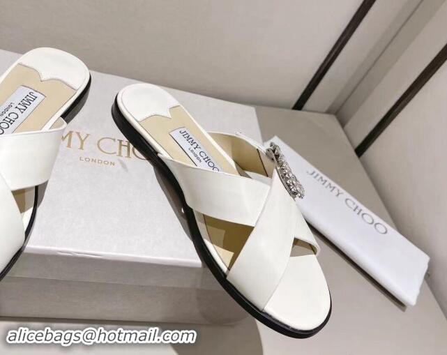 Stylish Jimmy Choo Calfskin Flat Slide Sandals with Crystals Buckle White 327053