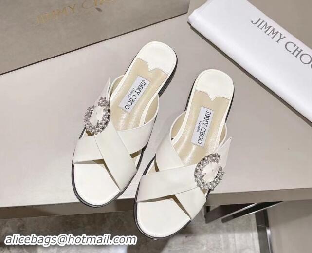 Stylish Jimmy Choo Calfskin Flat Slide Sandals with Crystals Buckle White 327053