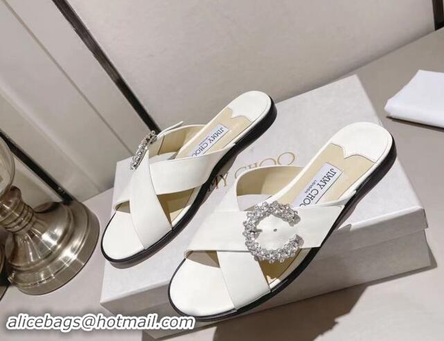 Stylish Jimmy Choo Calfskin Flat Slide Sandals with Crystals Buckle White 327053