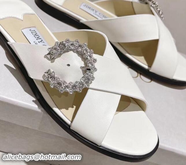 Stylish Jimmy Choo Calfskin Flat Slide Sandals with Crystals Buckle White 327053