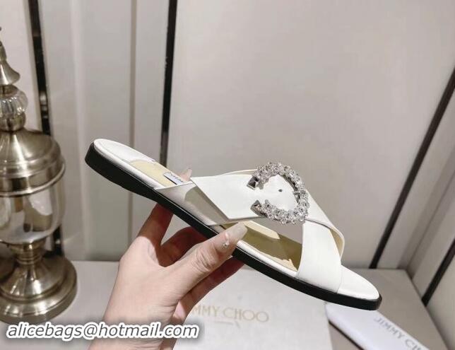 Stylish Jimmy Choo Calfskin Flat Slide Sandals with Crystals Buckle White 327053