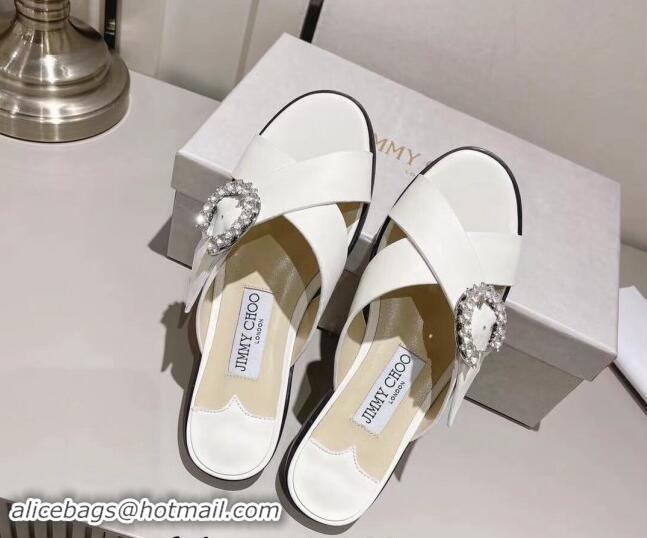 Stylish Jimmy Choo Calfskin Flat Slide Sandals with Crystals Buckle White 327053