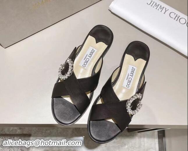 Lower Price Jimmy Choo Calfskin Flat Slide Sandals with Crystals Buckle Black 327054