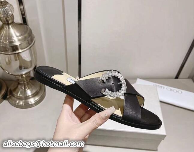 Lower Price Jimmy Choo Calfskin Flat Slide Sandals with Crystals Buckle Black 327054