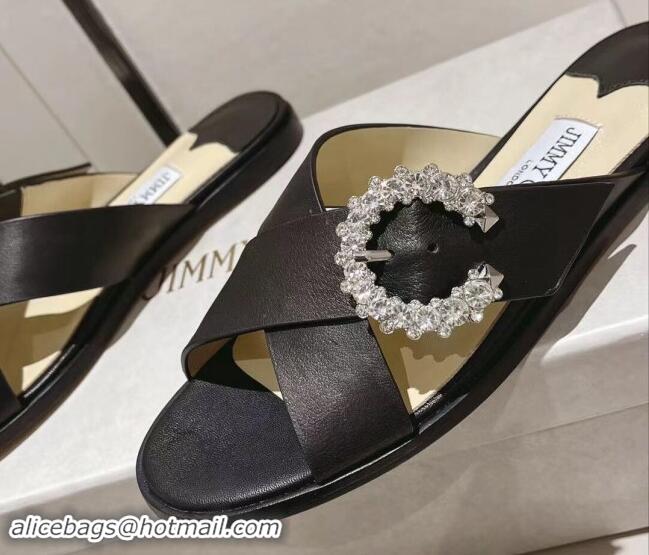 Lower Price Jimmy Choo Calfskin Flat Slide Sandals with Crystals Buckle Black 327054