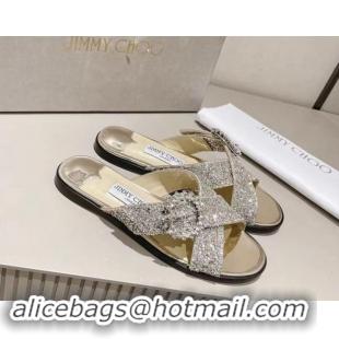 Good Looking Jimmy Choo Glitter Flat Slide Sandals with Crystals Buckle Gold 327055