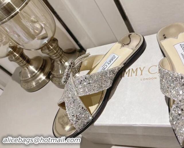 Good Looking Jimmy Choo Glitter Flat Slide Sandals with Crystals Buckle Gold 327055