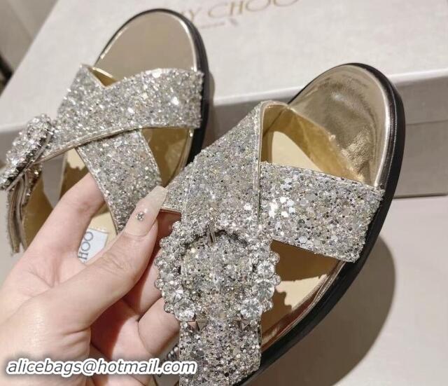 Good Looking Jimmy Choo Glitter Flat Slide Sandals with Crystals Buckle Gold 327055