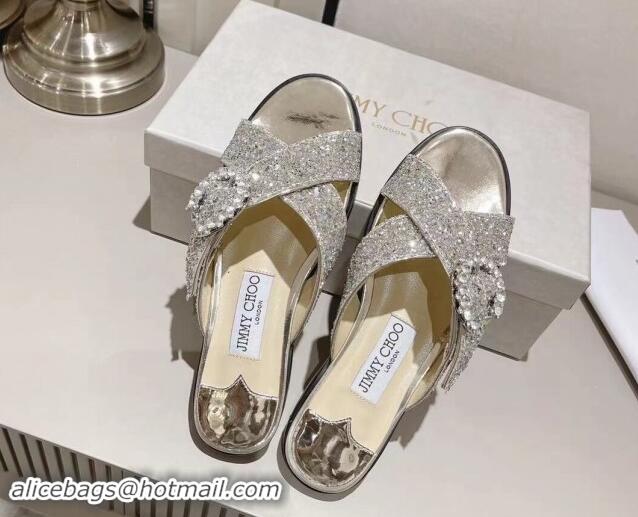 Good Looking Jimmy Choo Glitter Flat Slide Sandals with Crystals Buckle Gold 327055