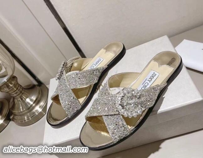 Good Looking Jimmy Choo Glitter Flat Slide Sandals with Crystals Buckle Gold 327055