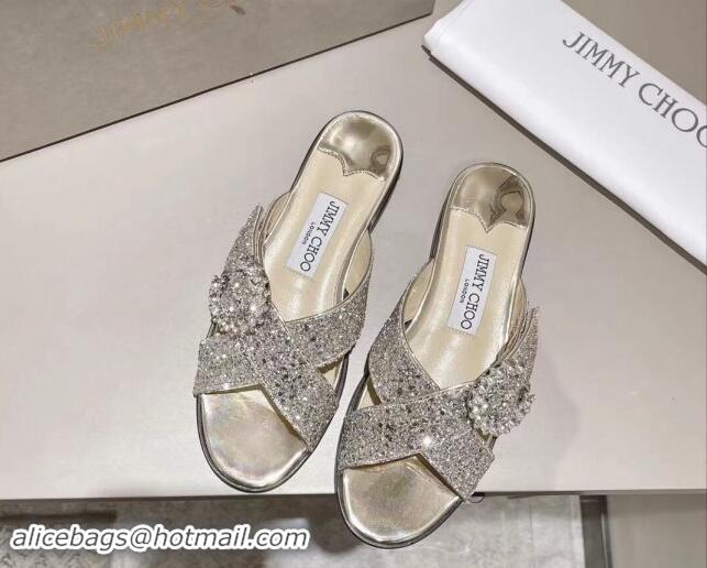 Good Looking Jimmy Choo Glitter Flat Slide Sandals with Crystals Buckle Gold 327055