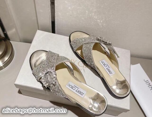 Good Looking Jimmy Choo Glitter Flat Slide Sandals with Crystals Buckle Gold 327055