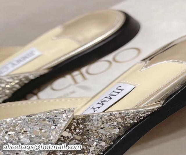 Good Looking Jimmy Choo Glitter Flat Slide Sandals with Crystals Buckle Gold 327055