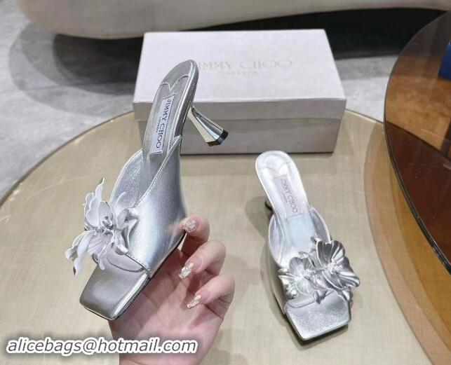 Lowest Price Jimmy Choo Flower Calfskin Heel Slide Sandals 6.5cm Silver 606051