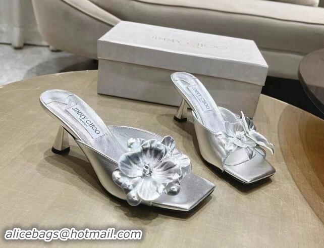 Lowest Price Jimmy Choo Flower Calfskin Heel Slide Sandals 6.5cm Silver 606051