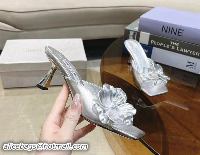 Lowest Price Jimmy Choo Flower Calfskin Heel Slide Sandals 6.5cm Silver 606051