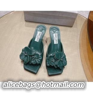 Luxury Discount Jimmy Choo Flower Calfskin Heel Slide Sandals 6.5cm Green 606052