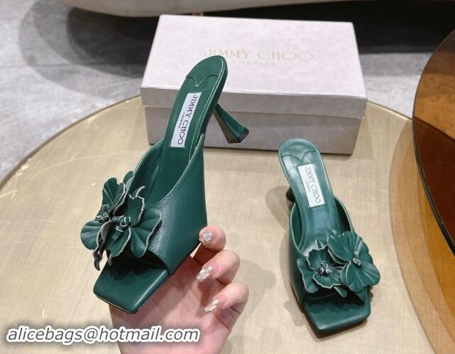 Luxury Discount Jimmy Choo Flower Calfskin Heel Slide Sandals 6.5cm Green 606052