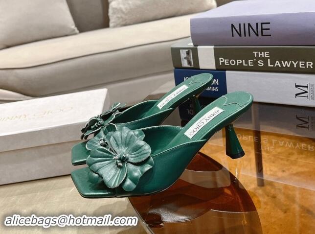 Luxury Discount Jimmy Choo Flower Calfskin Heel Slide Sandals 6.5cm Green 606052