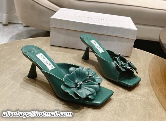 Luxury Discount Jimmy Choo Flower Calfskin Heel Slide Sandals 6.5cm Green 606052