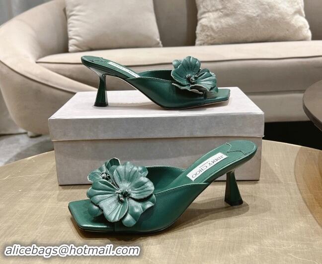 Luxury Discount Jimmy Choo Flower Calfskin Heel Slide Sandals 6.5cm Green 606052