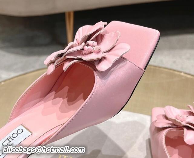 Luxury Jimmy Choo Flower Calfskin Heel Slide Sandals 6.5cm Pink 606053