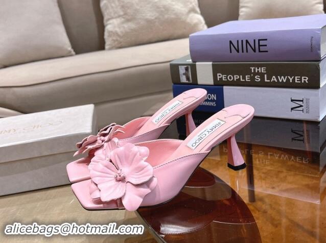 Luxury Jimmy Choo Flower Calfskin Heel Slide Sandals 6.5cm Pink 606053